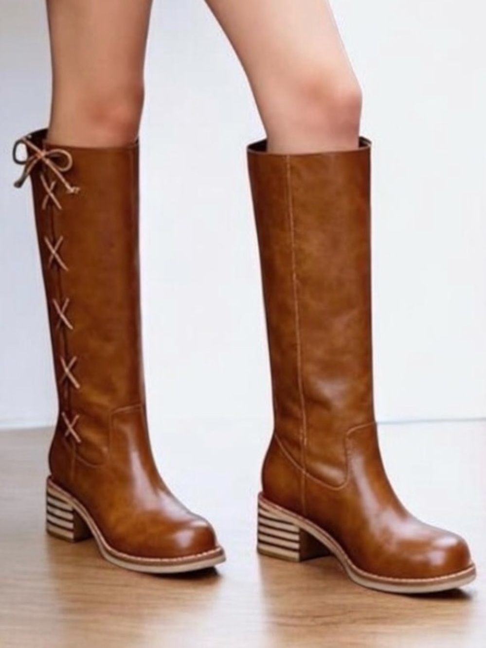 NIB Knee High Boots Brown Chunky Heel Round Toe Pull On Lace Up Bow 6.5 Western
